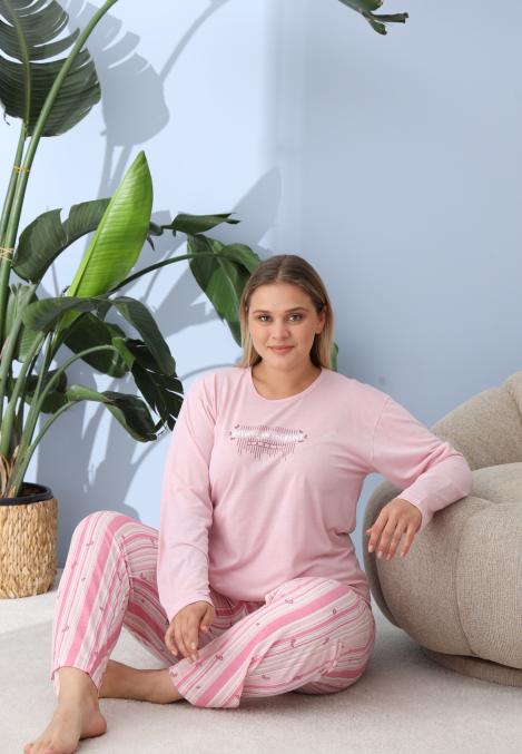 Pijama Dama ,Big Size ,'BELIEVE IN YOURSELF" cu Pantloni si Maneca lunga, Culoare Roz ,Engros